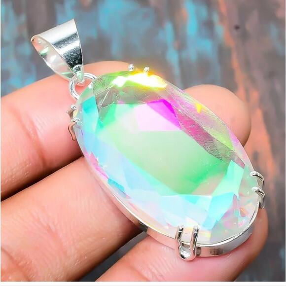 Mystic Rainbow Topaz Gemstone Handmade Jewelry Pendant 1.97" - Picture 2 of 2